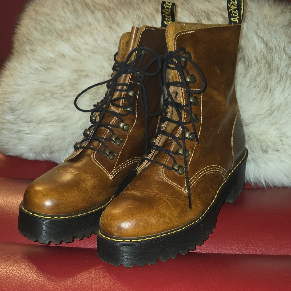 Dr. Martens Leona Brown Leather Combat Boots, Sz 11